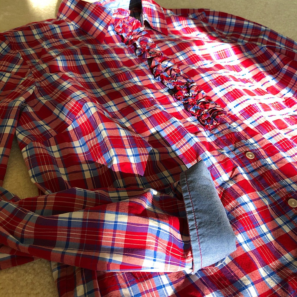 Talbots Ruffle Plaid Top Blue & Red - Picture 7 of 7